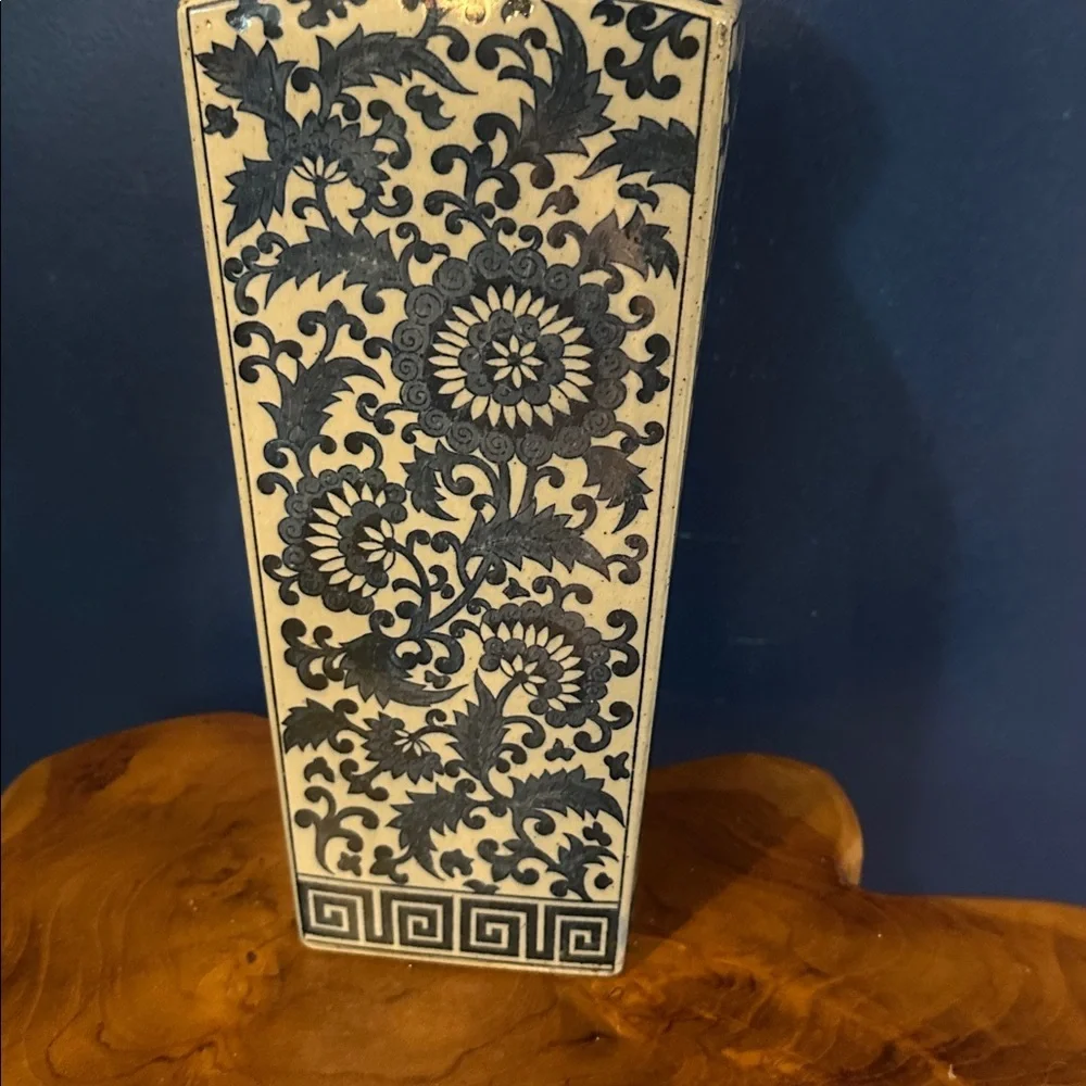Vintage Takahashi Japanese Blue Floral Vase - Greek Key Design along Base 14”